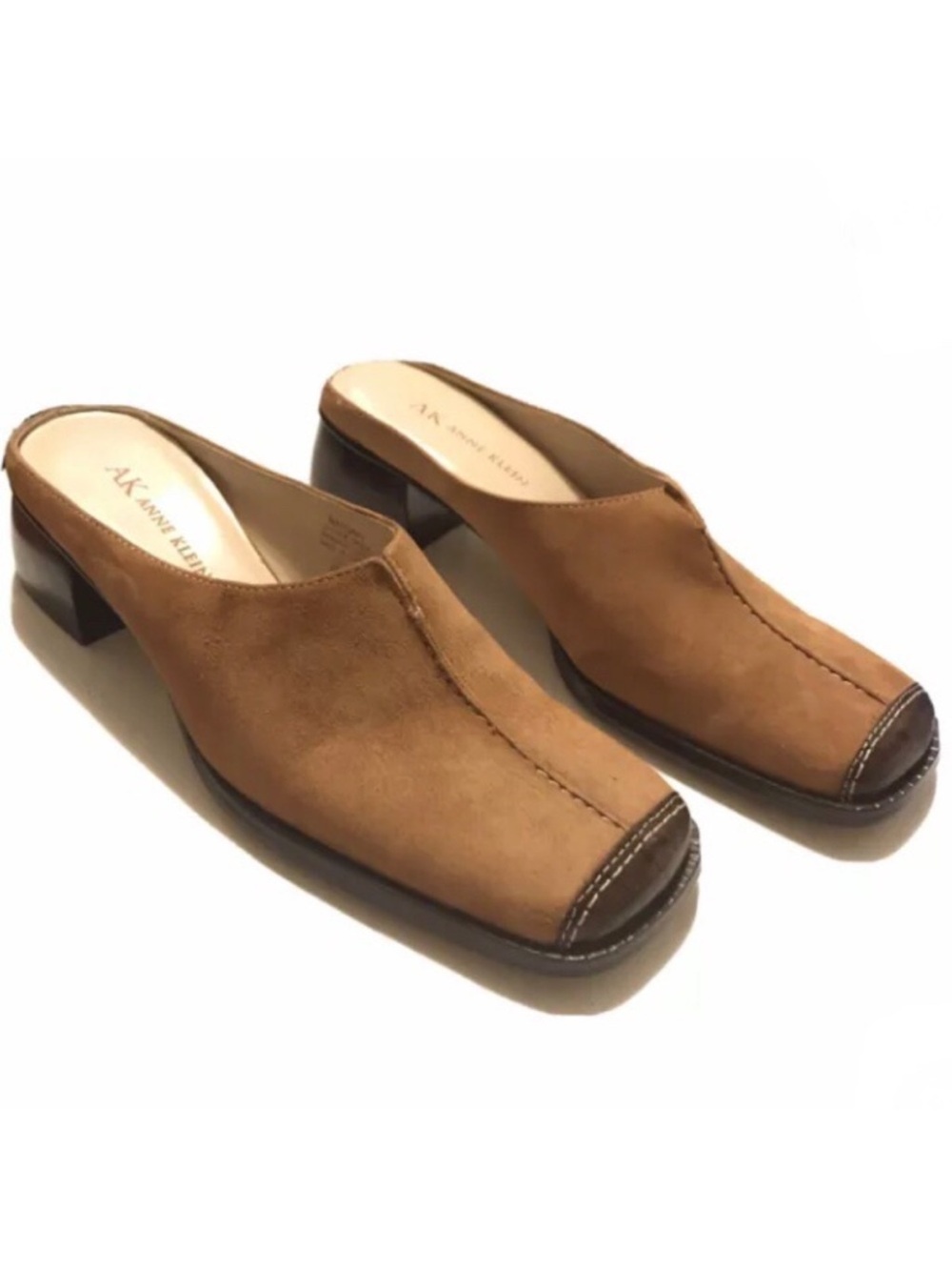 Anne Klein Tan Suede Mules with Dark Brown Toe